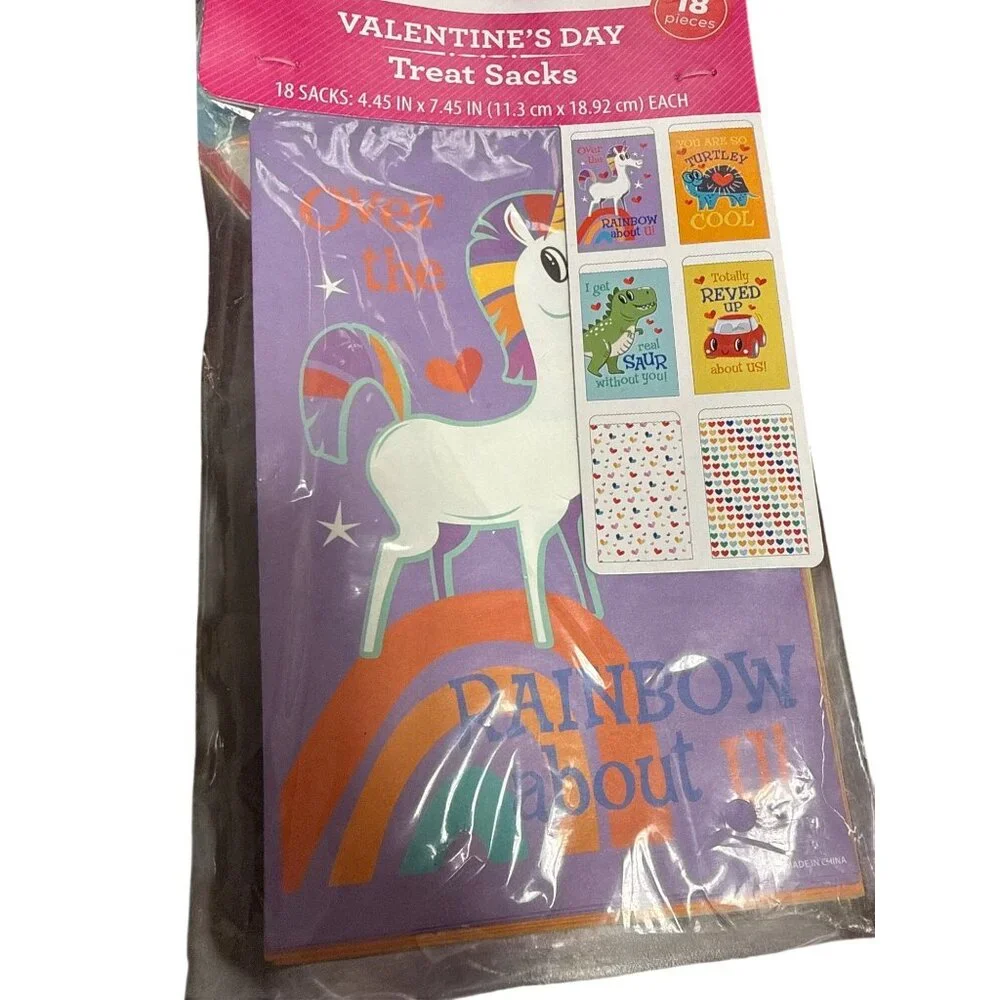 Valentines Day Treat Sacks Unicorn Car Dino Heart Designs 18 Ct